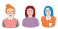 Three vector girls with glasses and blouses. Pretty women are drawn in flat design. Blue, red and burgundy hair. Isolate on a