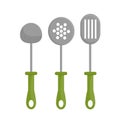 Three vector illustration with soup ladle, kitchen spatula, spoon with holes