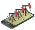 Three vector oil extraction pumps in mobile phone in isometric perspective.