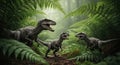 Three velociraptors roaming lush ferns in misty ancient forest Royalty Free Stock Photo