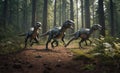Three velociraptors run through a dense forest, their sharp claws and teeth glinting in the dappled sunlight Royalty Free Stock Photo