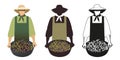 Three versions of an olive farmer carrying a basket of freshly picked olives. Isolated illustration on white background