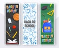 Three vertical back to school banners. Backpack, basketball ball, pen and school supplies on colorful background. Back to school Royalty Free Stock Photo