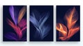Three vertical banners with colorful leaves, swirling smoke shape
