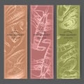 Three vertical banners with fish, shrimps, lobster, oysters silver sketches.