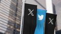 Three vertical banners with the logo of X and the former logo of Twitter