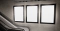 Three vertical billboards glowing on underground wall Mockup. Hoardings advertising triptych on subway wall 3D rendering