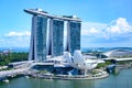 Marina Bay Sands Hotel, Singapore. Three vertical buildings carry a surfboard on top. Luxury Hotel, ArtSience Museum