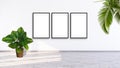 3 vertical frame mockup on a white wall with green leaf plants 3d rendering ilustration. Royalty Free Stock Photo