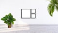 3 square format frame mockup on a white wall with green leaf plants 3d rendering ilustration. Royalty Free Stock Photo