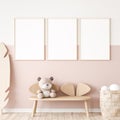 Three vertical frames in children room mock up, kids room design in farmhouse style Royalty Free Stock Photo