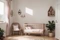 Three vertical frames in children room mock up, kids room design in farmhouse style, , Royalty Free Stock Photo