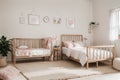 Three vertical frames in children room mock up, kids room design in farmhouse style, , Royalty Free Stock Photo