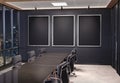 Three vertical frames Mockup hanging in office meeting room. Mock up of billboards in modern company interior 3D rendering