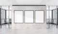 Three vertical frames Mockup hanging on wall. Mock up of billboards in modern concrete office interior 3D rendering