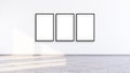 Three vertical modern black frame mock up in a white room, 3d illustration of a white wall render. Royalty Free Stock Photo