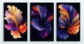 Three vertical posters with colorful feathers on black background