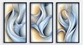 Three vertical posters with smooth light grey, blue golden flowing lines, smokey Royalty Free Stock Photo