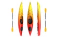 Three vertical views of yellow rad crossover kayak with paddle. Whitewater and river running kayak. 3D render, isolated