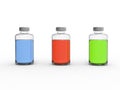 Three vials with red, blue and green liquids in them