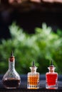 Three vials with spicy aromatic oils of orange and red flowers stand on the table in good light against the background