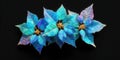 Three vibrant blue flowers arranged on a sleek black surface with dramatic lighting. Royalty Free Stock Photo