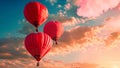 Three vibrant hot air balloons gracefully glide through the clear blue sky, Heart-shaped hot air balloons floating in the sky