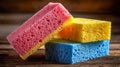 Three vibrant kitchen cleaning sponges stacked on rustic wooden surface with different bright colors highlighting texture and Royalty Free Stock Photo