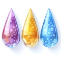 Three Vibrant Liquid Drops Purple Yellow Blue Water Bubbles Clean Design Royalty Free Stock Photo