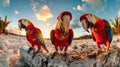 Three vibrant parrots with colorful feathers are standing on a wooden log in a close group