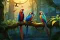 Three vibrant parrots sit on a branch amidst the lush greenery of the jungle, Tropical birds sitting on a tree branch in the Royalty Free Stock Photo