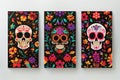 Three vibrant sugar skulls adorn a dark background Royalty Free Stock Photo