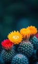 Three vibrant yellow and red flowers bloom on a striking cactus plant. Royalty Free Stock Photo