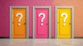 Three vibrantly colored doors with question marks symbolizing choices and decisions in life, featuring orange, pink, and Royalty Free Stock Photo