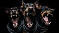 Three vicious doberman snarl, whilst held by chains