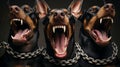 Three vicious doberman snarl, whilst held by chains