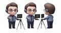 Three-View 3D Render of Cartoon Man in Blue Suit Using Tripod Monitor