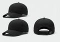 Three views of a black baseball cap isolated on white background Royalty Free Stock Photo