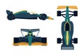 Three views of Formula 1 racing car - side, top, front. Transport of extreme sports. Fast vehicle on four wheels. Model