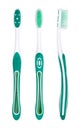 Three views of green toothbrush isolated on a white background. Top view, close up