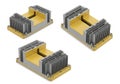 Three views of a heat sink attached to a rectangular electronic component base Royalty Free Stock Photo