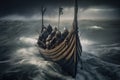 three vikings on their ship, navigating stormy seas