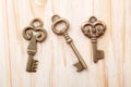 Three vintage keys on wooden background Royalty Free Stock Photo