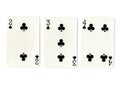 Three vintage playing cards showing a run of clubs.