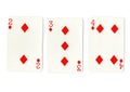Three vintage playing cards showing a run of diamonds.
