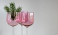 Three vintage rose glass wine glasses with a fir twig on a white background. The concept of Christmas and New Year Royalty Free Stock Photo