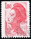 Three vintage stamp printed in France circa 1982 shows woman, the French symbol of Liberty