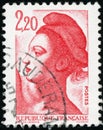 Three vintage stamp printed in France circa 1985 shows woman, the French symbol of Liberty