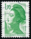 Three vintage stamp printed in France circa 1984 shows woman, the French symbol of Liberty