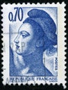 Three vintage stamp printed in France circa 1982 shows woman, the French symbol of Liberty